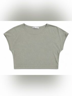 ZARA Olive-Sage Crewneck Crop Tee
